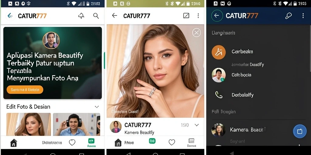 Antarmuka aplikasi CATUR777 dengan berbagai pilihan filter dan efek.
